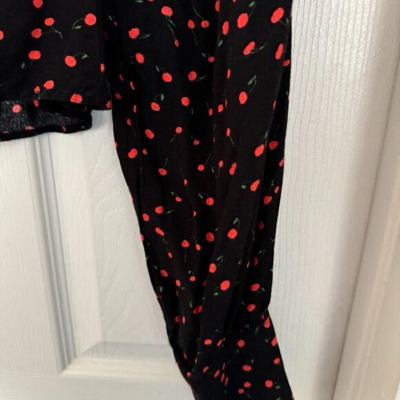 EUC, Free People Julia Cherry Print Blouse, Smocked Back, Black, Size L - Picture 9 of 14